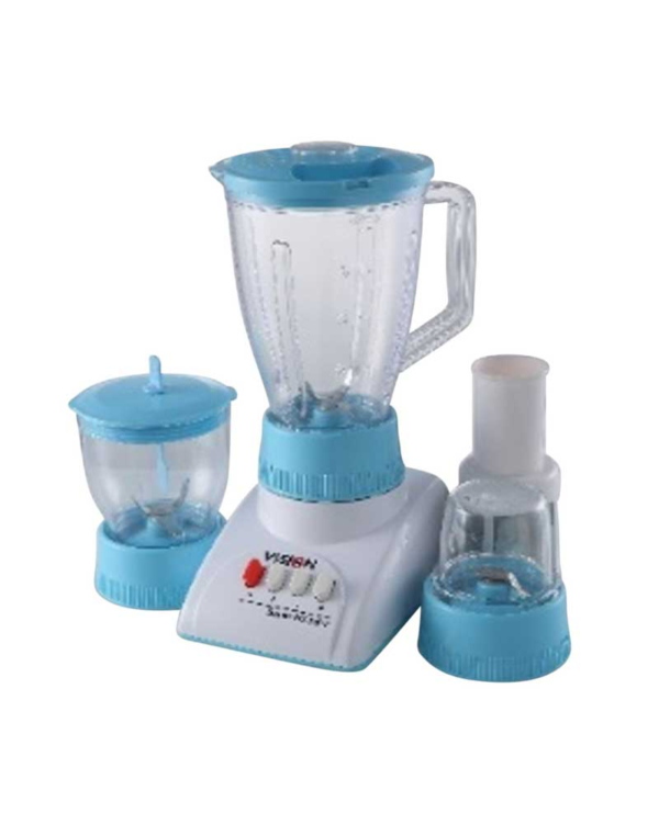 Brand: Vision 1.6 Liter Big Transparent Polystyrene (PS) Jar. 3 in 1 functions (Juicer, Grinder and Mincer) 220 ~240V, 50Hz, 300W High quality Stainless steel blade Multiple speeds for soft and hard ingredients. Motor overheat with safety protection. Child Safety Interlock. High speed, energy efficient pure copper coil motor. 100% Food grade Rubber Gasket for health Protection. Easily take out the parts to clean. Convenient filter accessory.