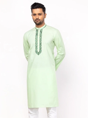 Aarong Mint Green Embroidered Cotton Panjabi islamicmarketbd