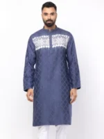 Aarong Slate Blue Tie-Dyed and Embroidered Cotton Panjabi islamicmarketbd.com