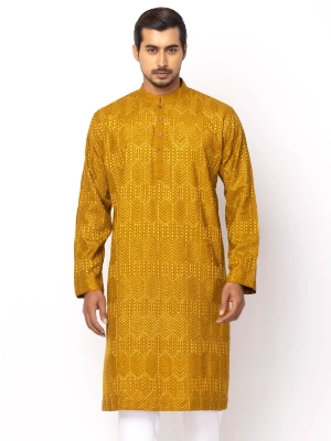 Mustard Embroidered Cotton Panjabi- islamicmarketbd